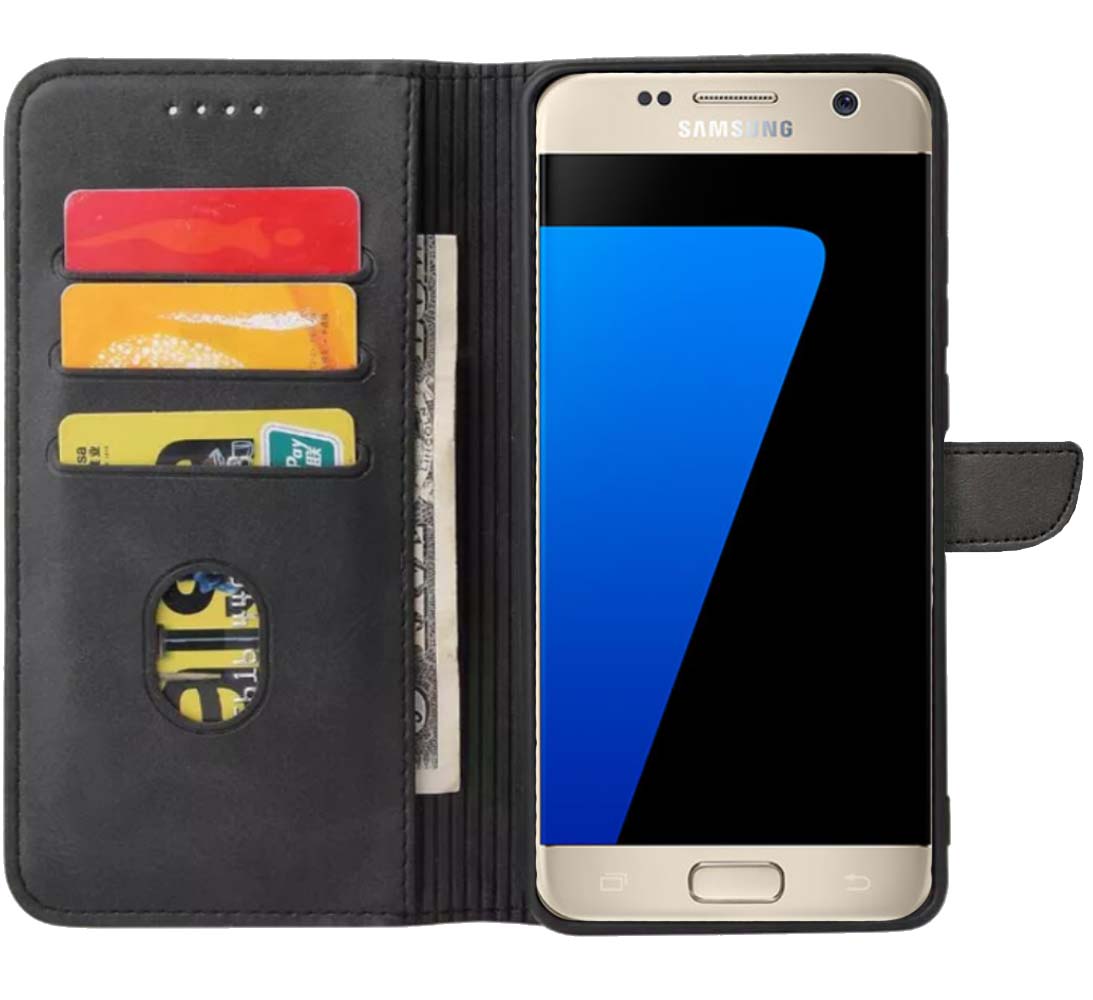 vat kort spoor Samsung Galaxy S7 Edge kunstleren hoesje met lipje en pashouders - Zwart -  Smartphonica