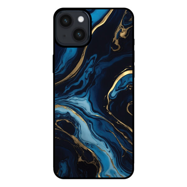 Iphone 15 Plus telefoonhoesje met blauw goud marmer opdruk