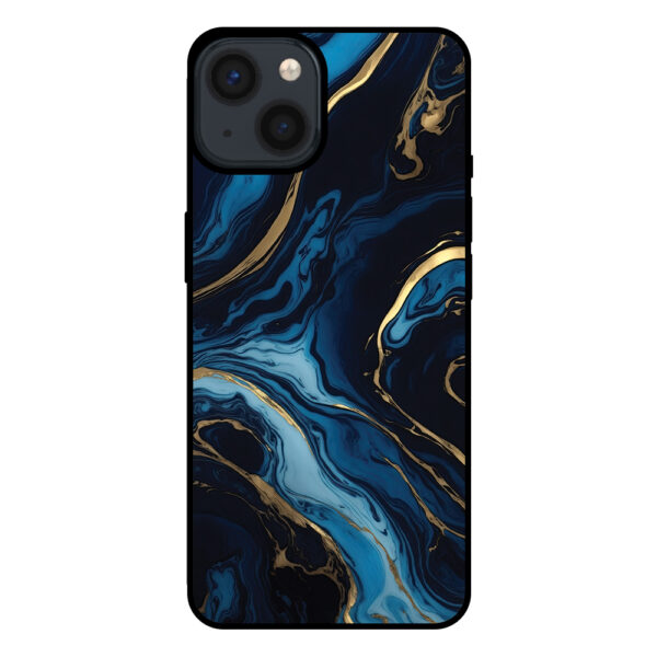 Iphone 15 telefoonhoesje met blauw goud marmer opdruk