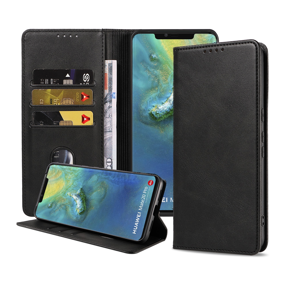 Huawei Mate 20 Pro leren hoesje met pasjeshouder en magnetische sluiting zwart