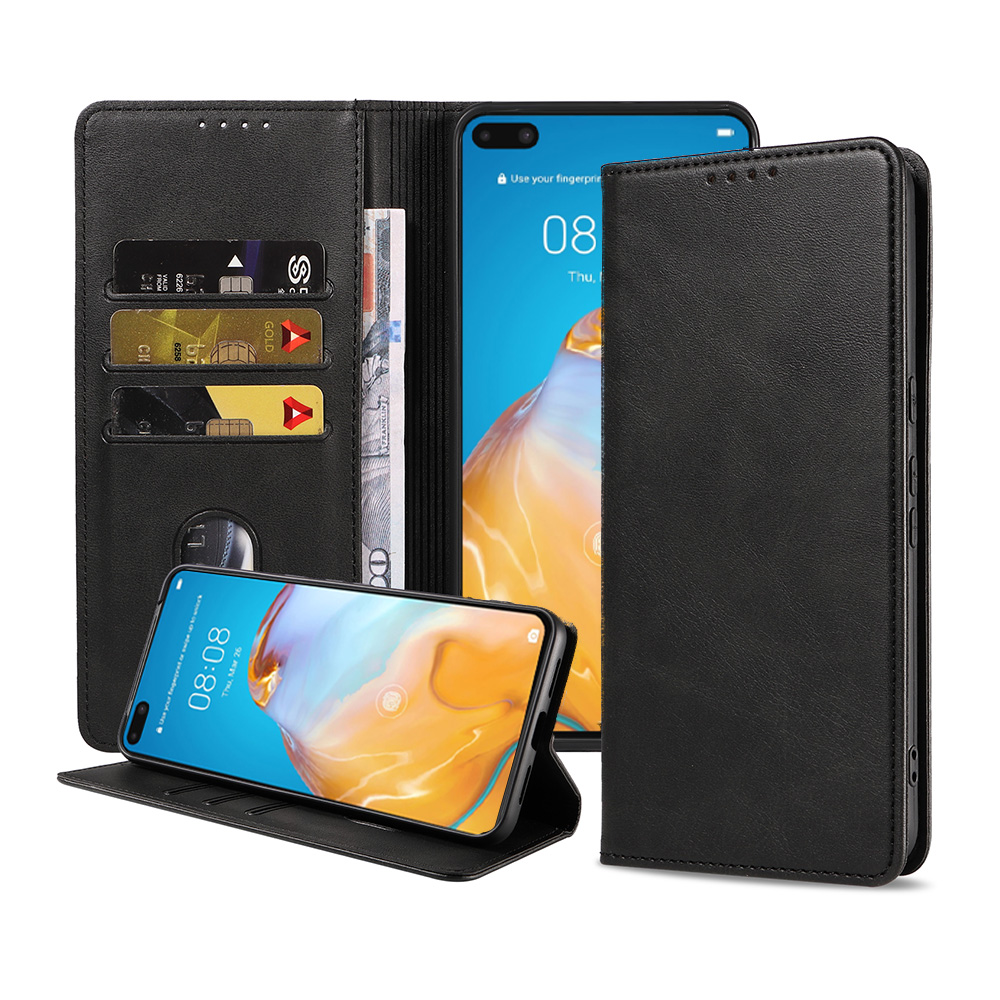 Huawei P40 leren hoesje met pasjeshouder en magnetische sluiting zwart