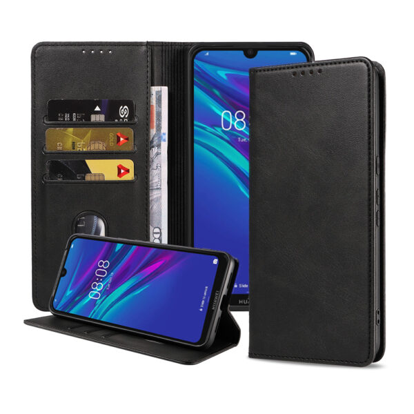 Huawei Y6 2019 leren hoesje met pasjeshouder en magnetische sluiting zwart