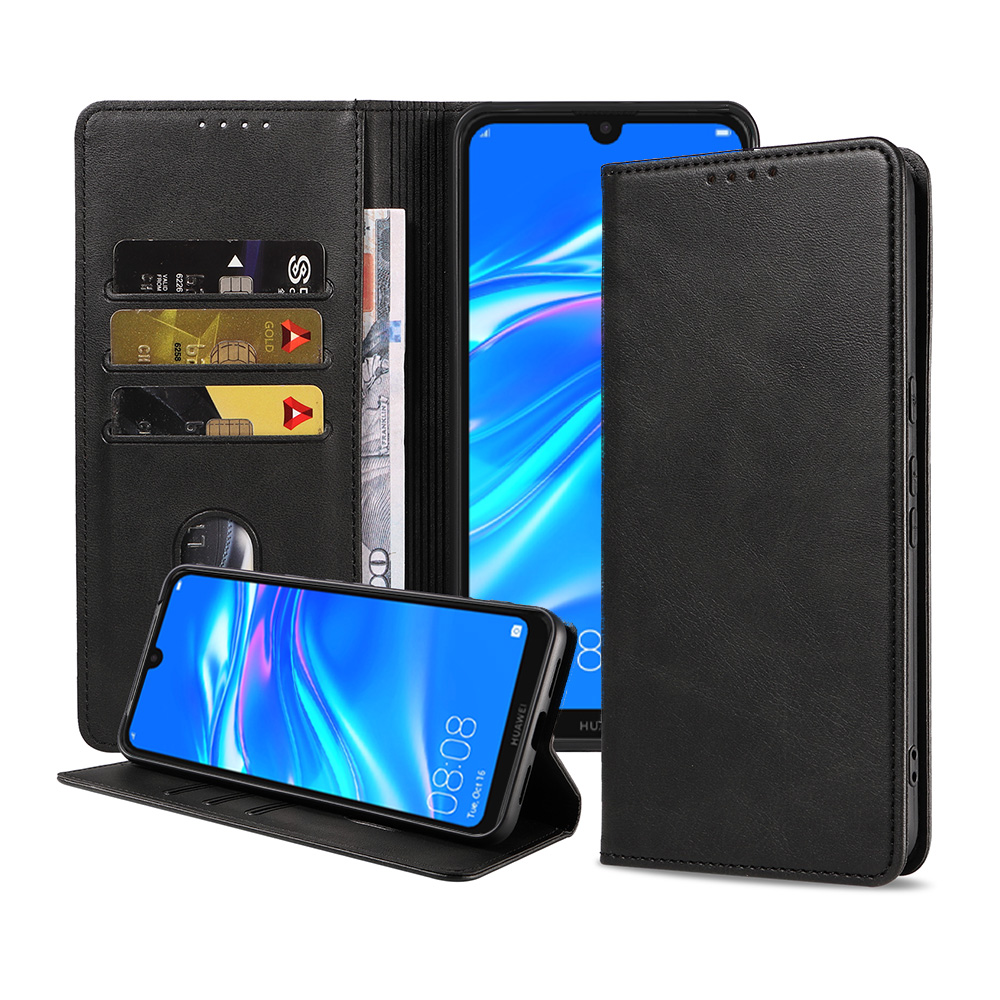 Huawei Y7 2019 leren hoesje met pasjeshouder en magnetische sluiting zwart