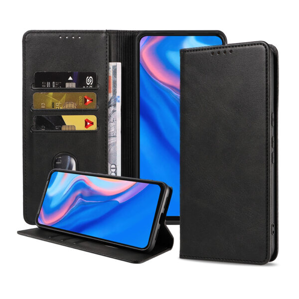 Huawei Y9 Prime 2019 leren hoesje met pasjeshouder en magnetische sluiting zwart