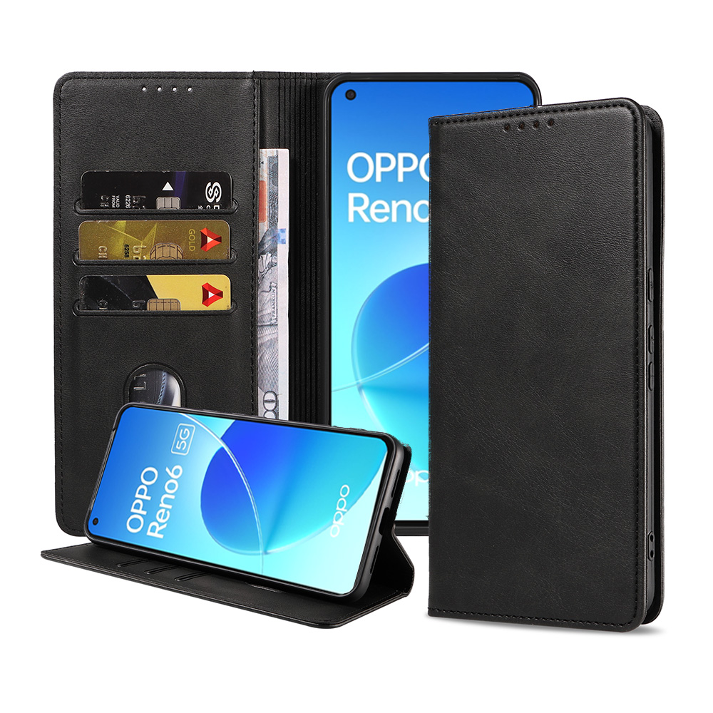 Oppo Reno 6 5G leren hoesje met pasjeshouder en magnetische sluiting zwart