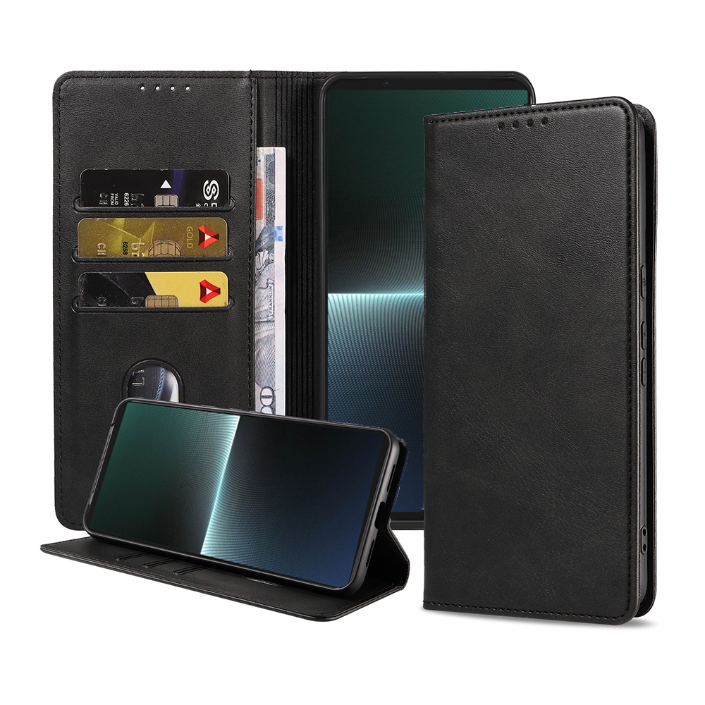 Sony Xperia 1 V leren hoesje met pasjeshouder en magnetische sluiting zwart