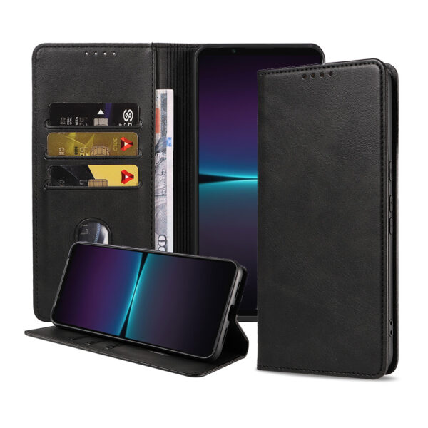 Sony Xperia 1 lV leren hoesje met pasjeshouder en magnetische sluiting zwart