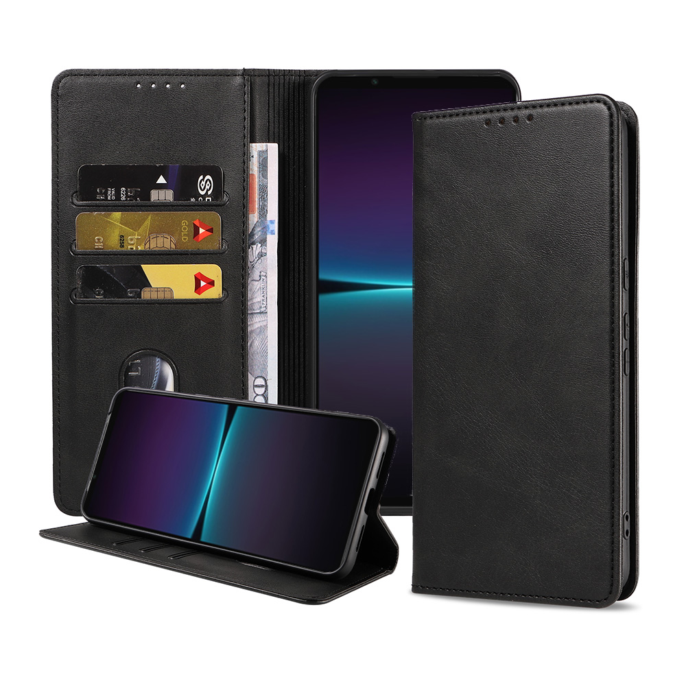 Sony Xperia 1 lV leren hoesje met pasjeshouder en magnetische sluiting zwart