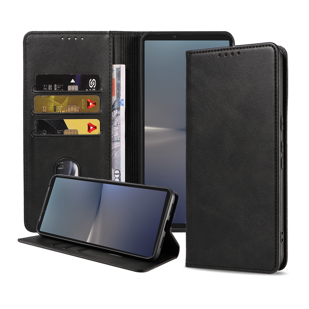 Sony Xperia 10 V leren hoesje met pasjeshouder en magnetische sluiting zwart