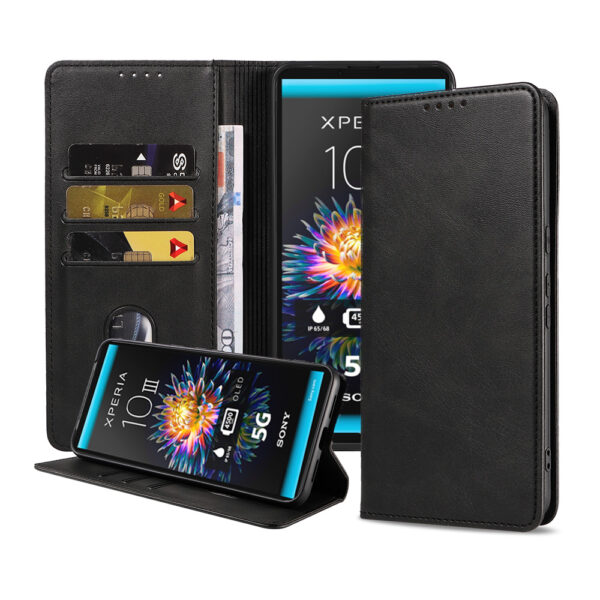 Sony Xperia 10 lll leren hoesje met pasjeshouder en magnetische sluiting zwart