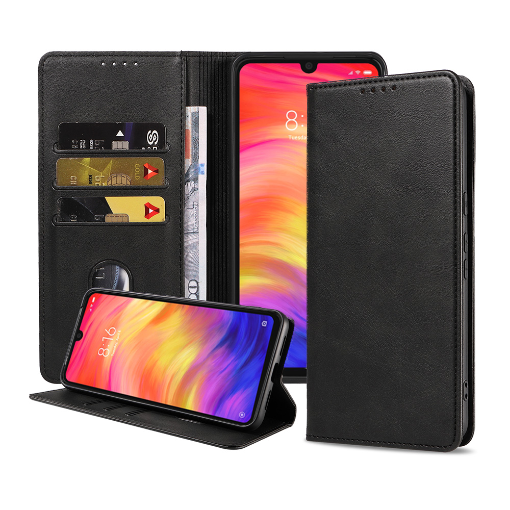 Xiaomi Redmi Note 7 leren hoesje met pasjeshouder en magnetische sluiting zwart