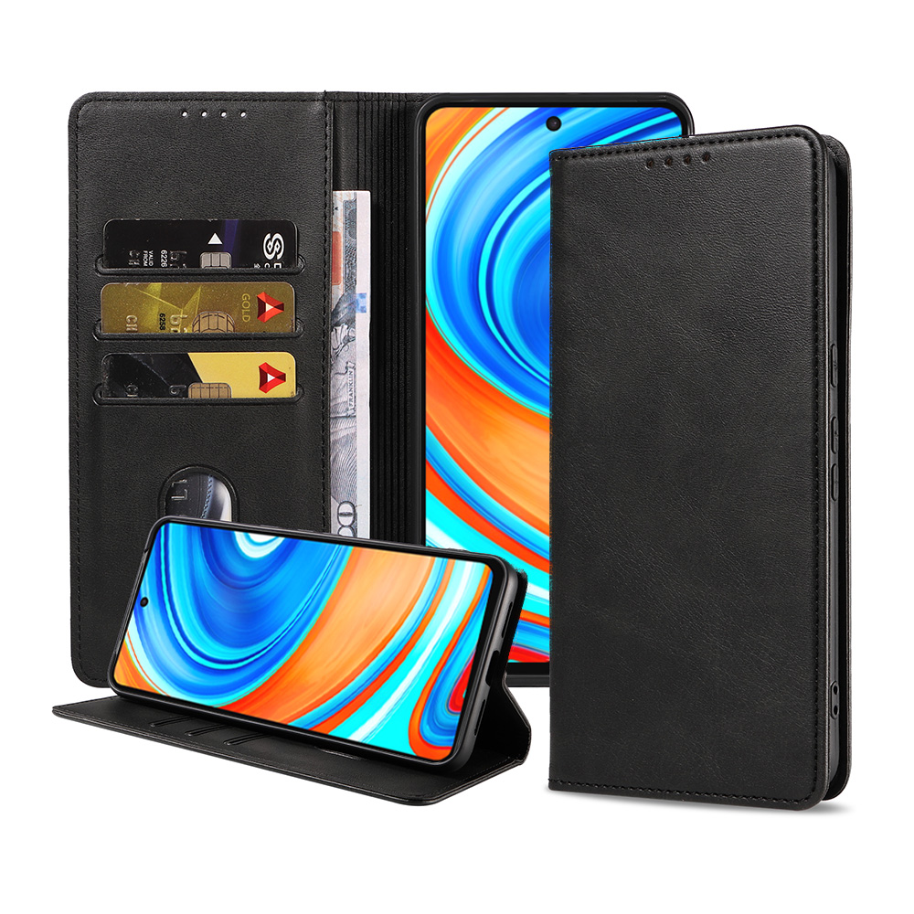 Xiaomi Redmi Note 9 pro leren hoesje met pasjeshouder en magnetische sluiting zwart