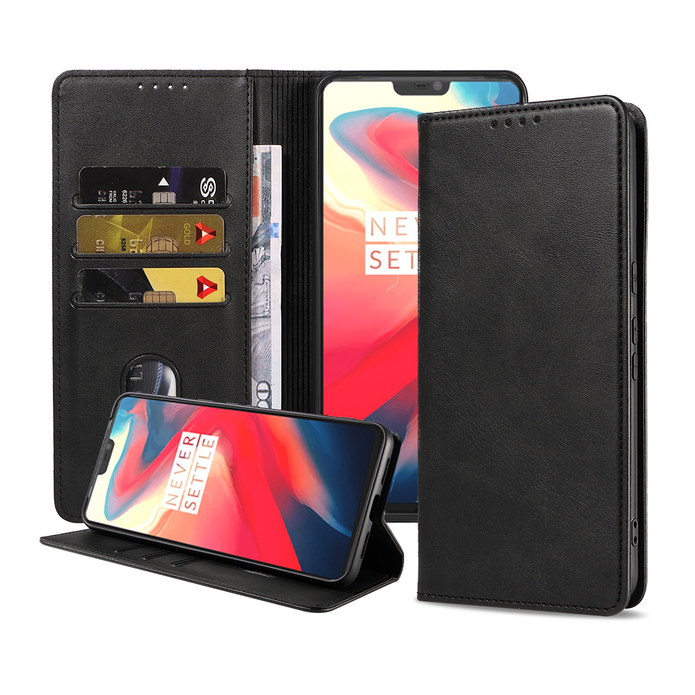 OnePlus 6 leren hoesje met pasjeshouder en magnetische sluiting zwart