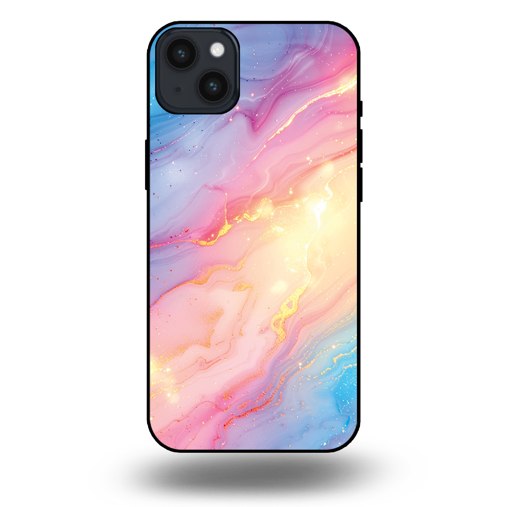 Telefoonhoesje voor iPhone 14 plus met regenboog glitter marmer opdruk