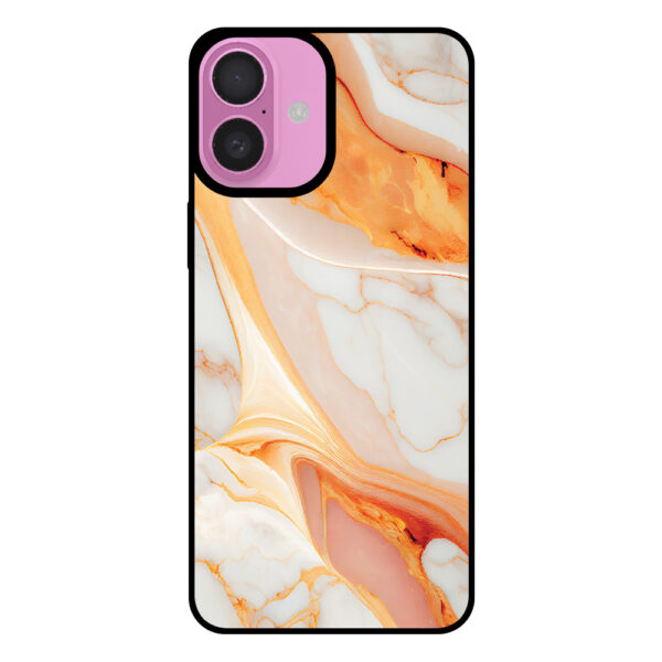 Telefoonhoesje voor iPhone 16 Plus met oranje marmer opdruk