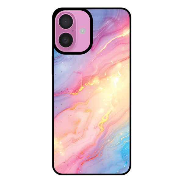 Telefoonhoesje voor iPhone 16 Plus met regenboog glitter marmer opdruk