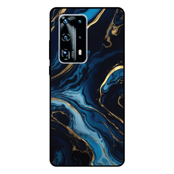 Huawei P40 Pro Plus telefoonhoesje met blauw goud marmer opdruk