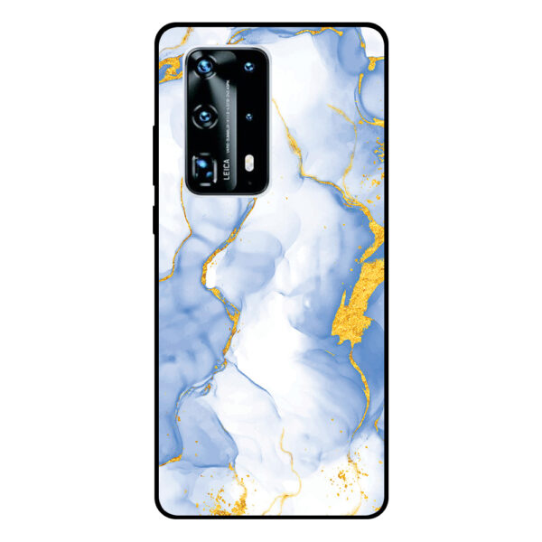 Huawei P40 Pro Plus telefoonhoesje met lichtblauw goud marmer opdruk