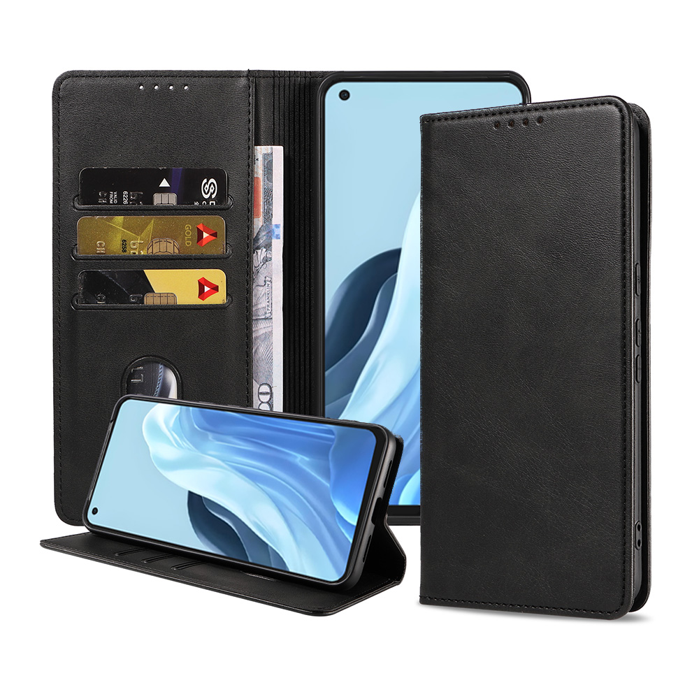 Oppo Reno 7 4G leren hoesje met pasjeshouder en magnetische sluiting zwart