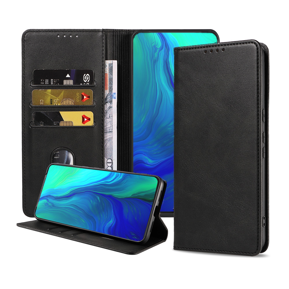 Oppo Reno leren hoesje met pasjeshouder en magnetische sluiting zwart