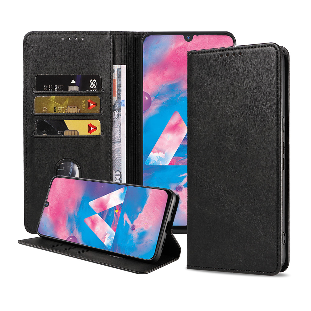 Samsung Galaxy M30 leren hoesje met pasjeshouder en magnetische sluiting zwart