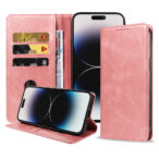 iPhone 14 Pro Max leren hoesje met pasjeshouder en magnetische sluiting roze