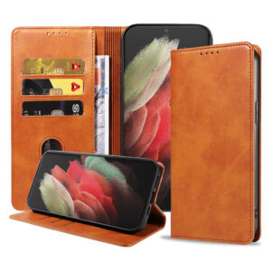 Samsung Galaxy S21 Ultra leren hoesje met pasjeshouder en magnetische sluiting bruin