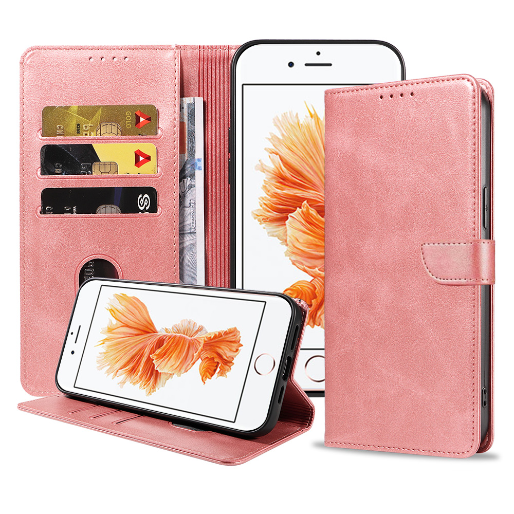 iPhone 6-6s Plus leren hoesje met pasjeshouder en magnetische sluiting met lipje roze