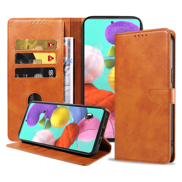 Samsung Galaxy A51 leren hoesje met pasjeshouder en magnetische sluiting met lipje bruin