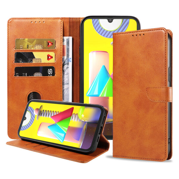 Samsung Galaxy M31 leren hoesje met pasjeshouder en magnetische sluiting met lipje bruin