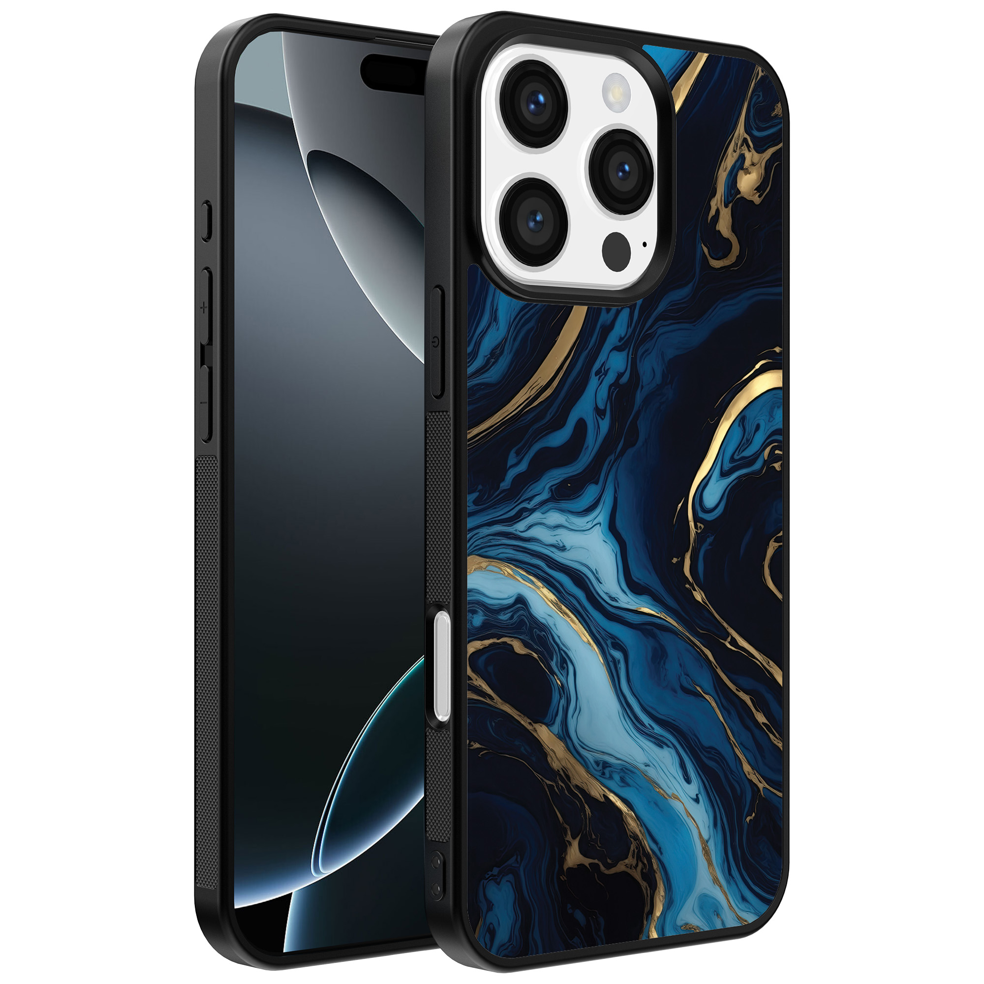 Iphone 16 Pro Max blauw goud marmer opdruk (1)