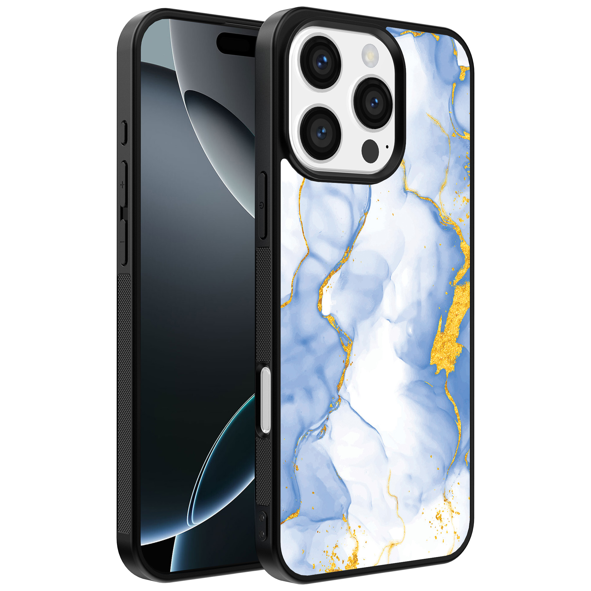 Iphone 16 Pro Max lichtblauw goud marmer opdruk (1)