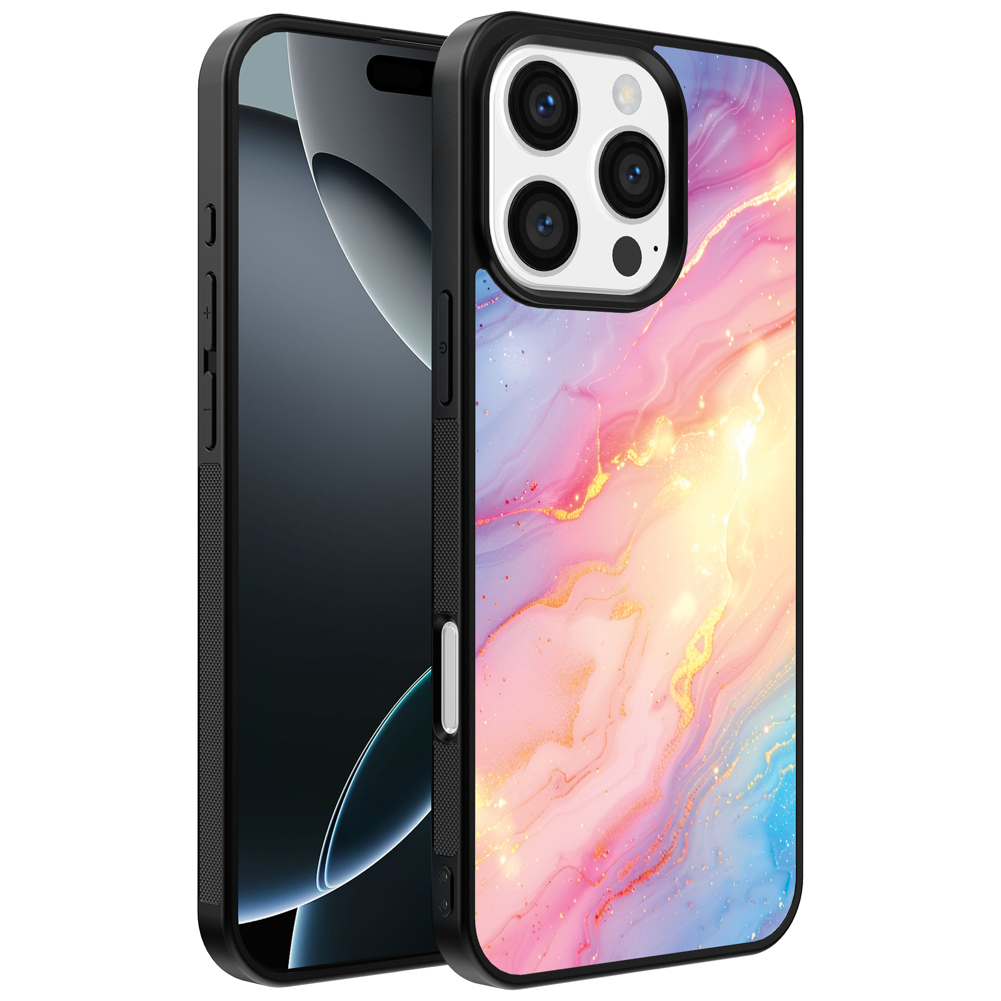 Iphone 16 Pro Max regenboog glitter marmer opdruk (1)