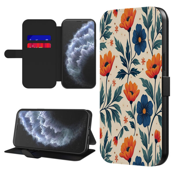 Leren bookcase hoesje iPhone 11 Pro Max met blauwe en rode bloemen opdruk en pasjeshouder (1)