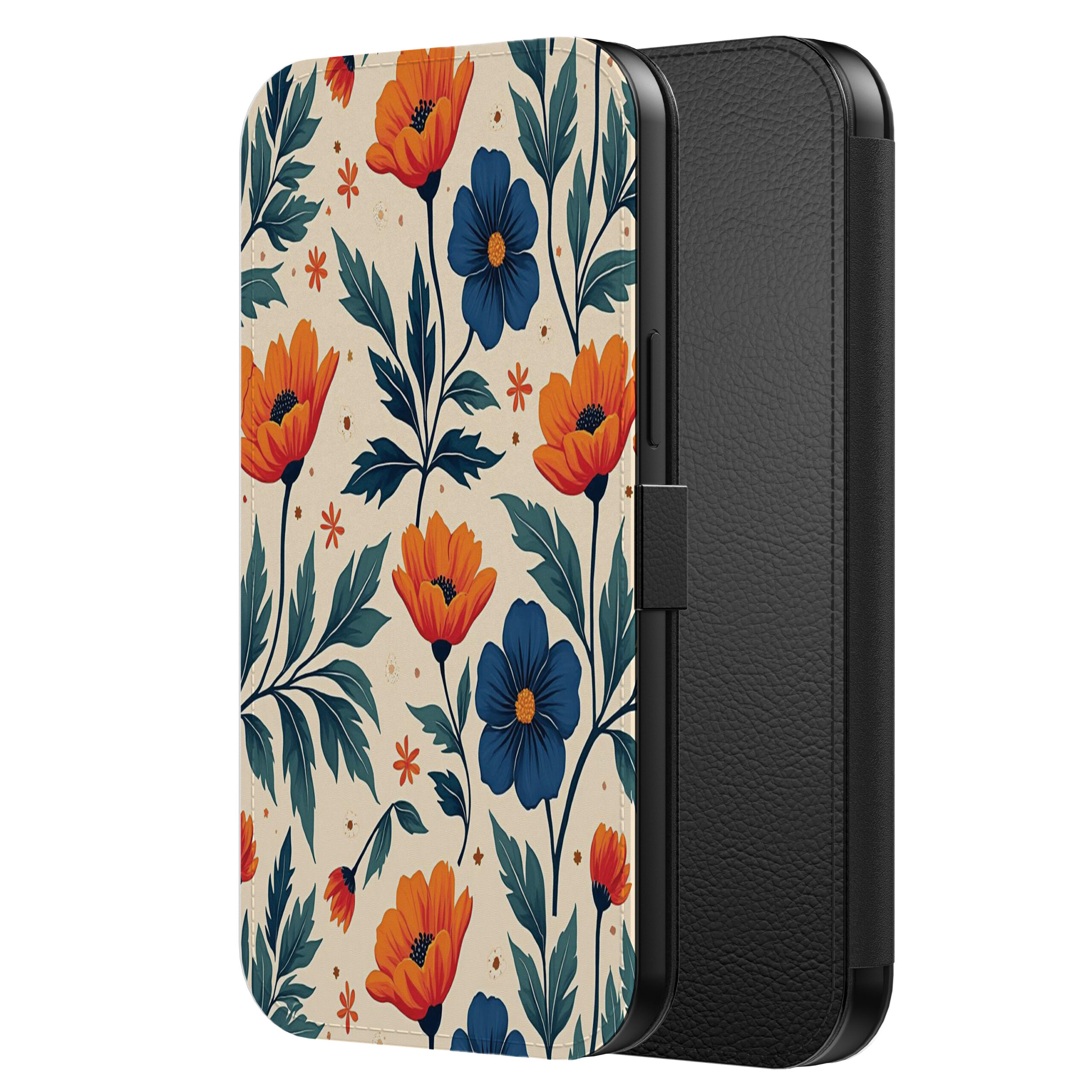 Leren bookcase hoesje iPhone 11 Pro Max met blauwe en rode bloemen opdruk en pasjeshouder (2)