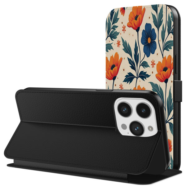 Leren bookcase hoesje iPhone 11 Pro Max met blauwe en rode bloemen opdruk en pasjeshouder (3)