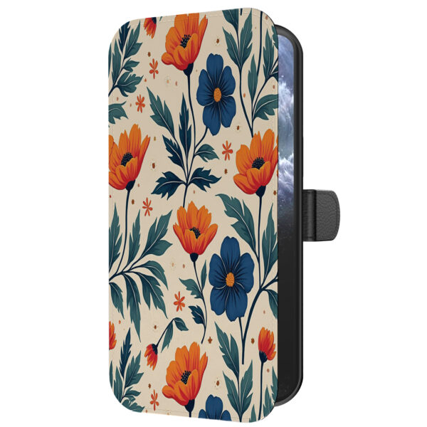Leren bookcase hoesje iPhone 11 Pro Max met blauwe en rode bloemen opdruk en pasjeshouder (5)