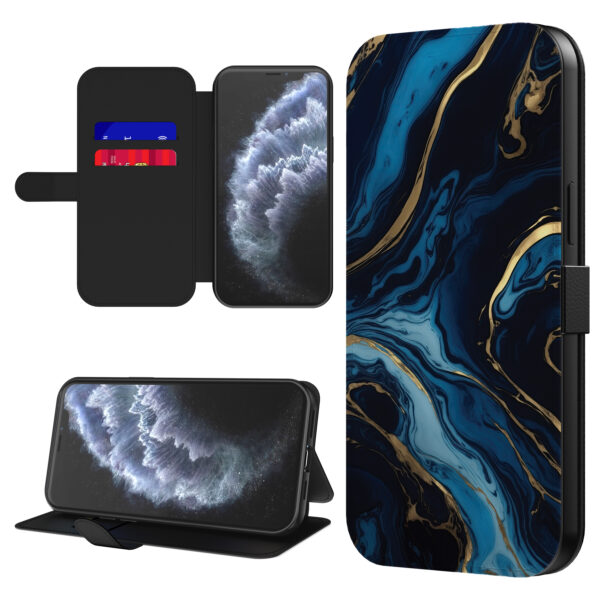 Leren bookcase hoesje iPhone 11 Pro Max met goud blauw marmer opdruk en pasjeshouder (1)