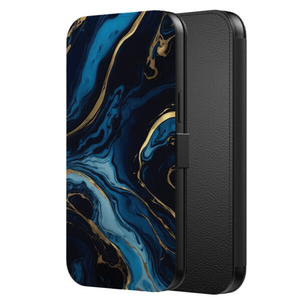 Leren bookcase hoesje iPhone 11 Pro Max met goud blauw marmer opdruk en pasjeshouder (2)