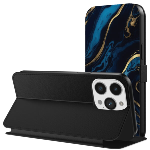 Leren bookcase hoesje iPhone 11 Pro Max met goud blauw marmer opdruk en pasjeshouder (3)