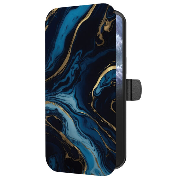 Leren bookcase hoesje iPhone 11 Pro Max met goud blauw marmer opdruk en pasjeshouder (5)