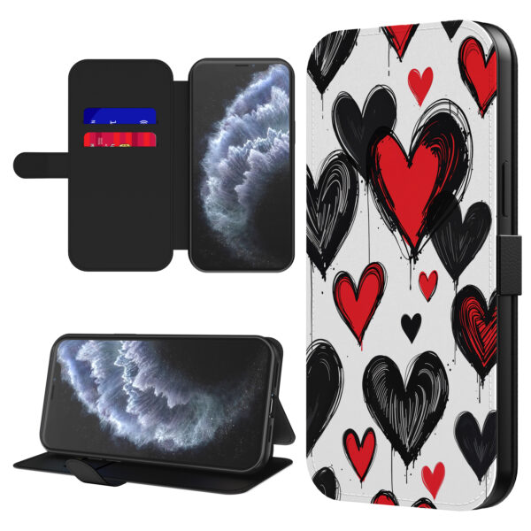 Leren bookcase hoesje iPhone 11 Pro Max met hartjes opdruk en pasjeshouder (1)