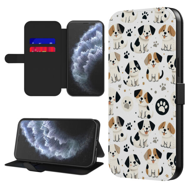 Leren bookcase hoesje iPhone 11 Pro Max met honden en pootjes opdruk en pasjeshouder (1)