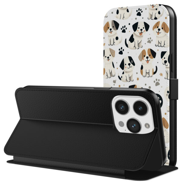Leren bookcase hoesje iPhone 11 Pro Max met honden en pootjes opdruk en pasjeshouder (3)