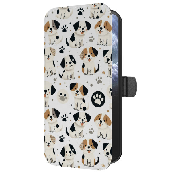 Leren bookcase hoesje iPhone 11 Pro Max met honden en pootjes opdruk en pasjeshouder (5)