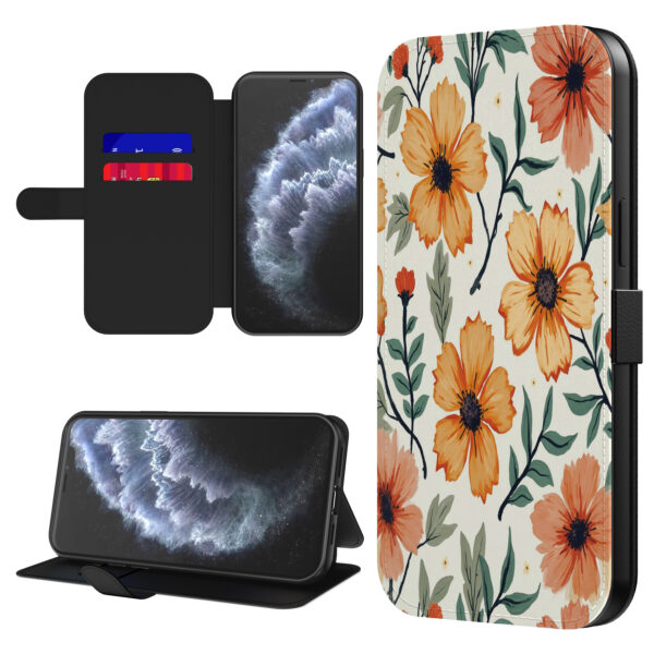 Leren bookcase hoesje iPhone 11 Pro Max met oranje en rode bloemen opdruk en pasjeshouder (1)