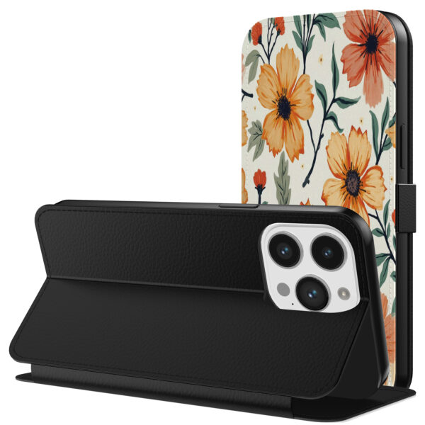 Leren bookcase hoesje iPhone 11 Pro Max met oranje en rode bloemen opdruk en pasjeshouder (3)