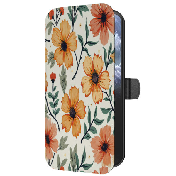 Leren bookcase hoesje iPhone 11 Pro Max met oranje en rode bloemen opdruk en pasjeshouder (5)