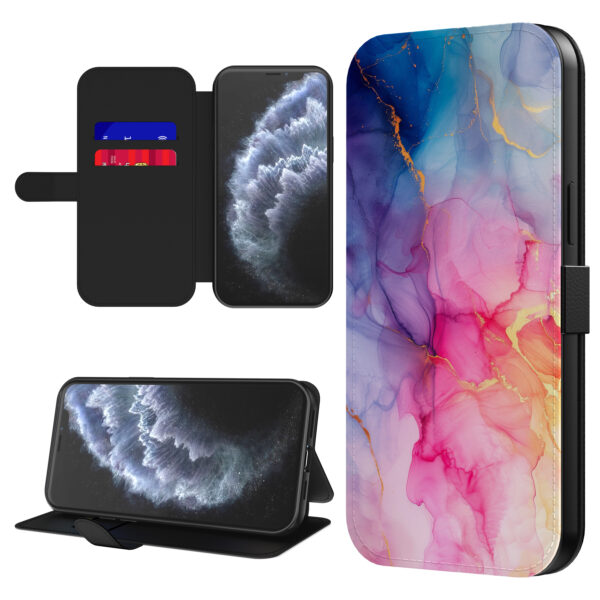 Leren bookcase hoesje iPhone 11 Pro Max met regenboog marmer opdruk en pasjeshouder (1)