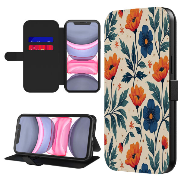 Leren bookcase hoesje iPhone 11 met blauwe en rode opdruk en pasjeshouder (1)